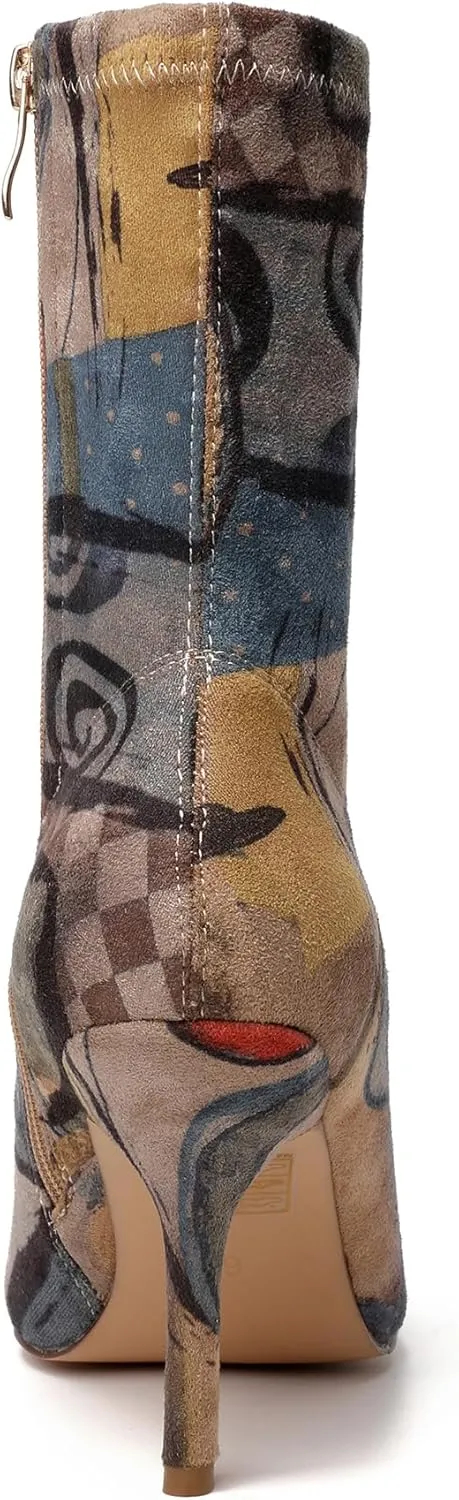 vivianly Stretch Pointed Toe Sock Booties Mid-Calf Ankle Boot Stiletto Heel Boots for Women