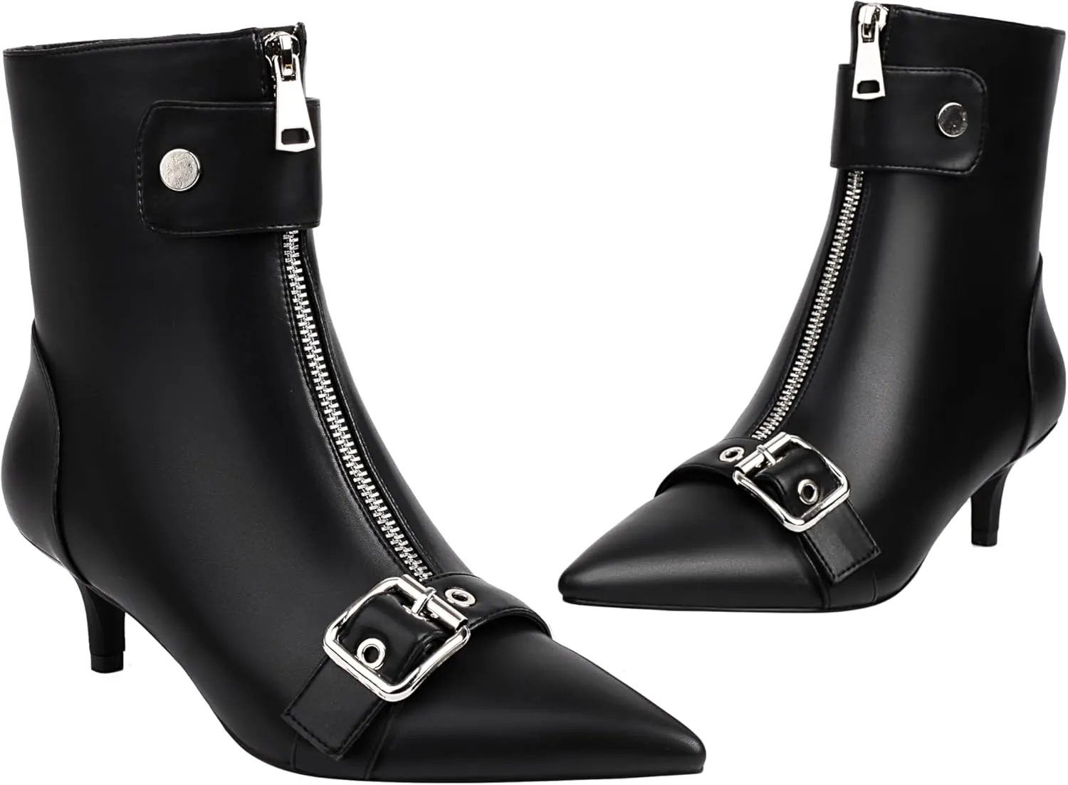 vivianly Womens Pointed Toe Ankle Booties Kitten Heel Boots Zipper Square Buckle