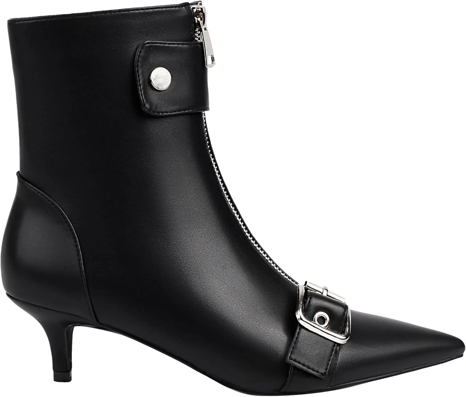 vivianly Womens Pointed Toe Ankle Booties Kitten Heel Boots Zipper Square Buckle
