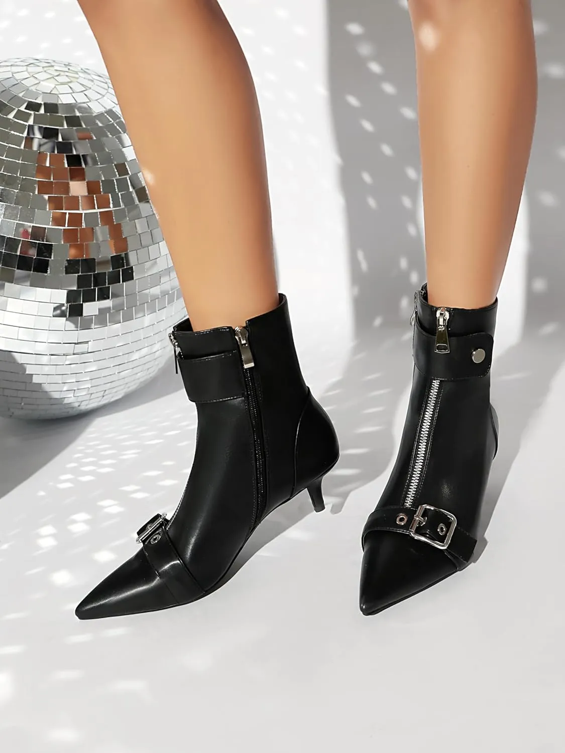 vivianly Womens Pointed Toe Ankle Booties Kitten Heel Boots Zipper Square Buckle