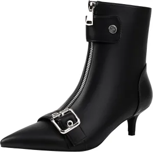 vivianly Womens Pointed Toe Ankle Booties Kitten Heel Boots Zipper Square Buckle