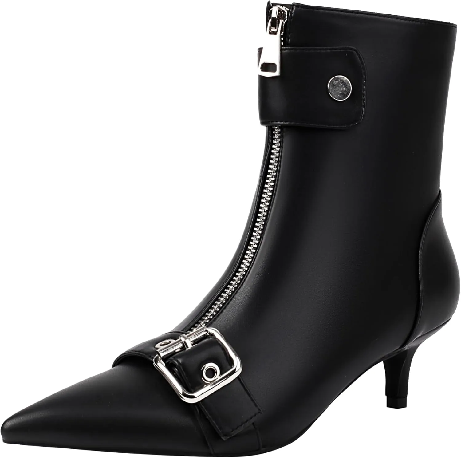 vivianly Womens Pointed Toe Ankle Booties Kitten Heel Boots Zipper Square Buckle