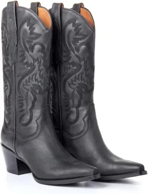 VOMIRA Pointed Toe Western Boots for Women Fall Winter Chunky Block Cork Heel Pull On Mid Calf Boots Outdoor Cowboy Boots