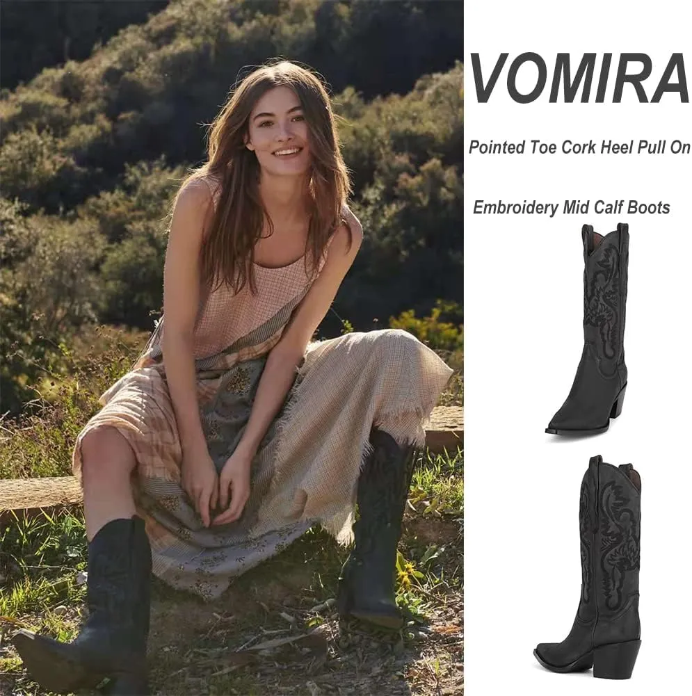 VOMIRA Pointed Toe Western Boots for Women Fall Winter Chunky Block Cork Heel Pull On Mid Calf Boots Outdoor Cowboy Boots