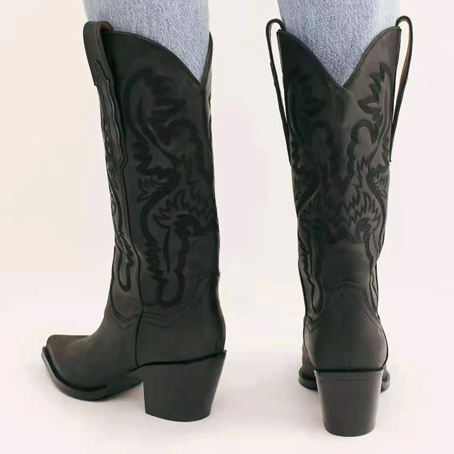 VOMIRA Pointed Toe Western Boots for Women Fall Winter Chunky Block Cork Heel Pull On Mid Calf Boots Outdoor Cowboy Boots