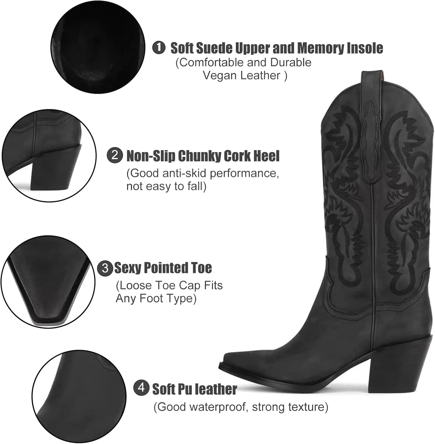 VOMIRA Pointed Toe Western Boots for Women Fall Winter Chunky Block Cork Heel Pull On Mid Calf Boots Outdoor Cowboy Boots