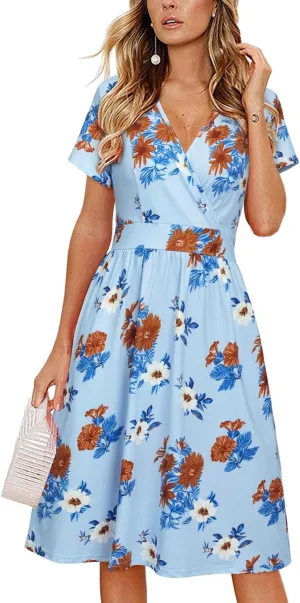 VOTEPRETTY Women's Short Sleeve V Neck Wrap Dress Summer Casual Floral Sundress with Pockets