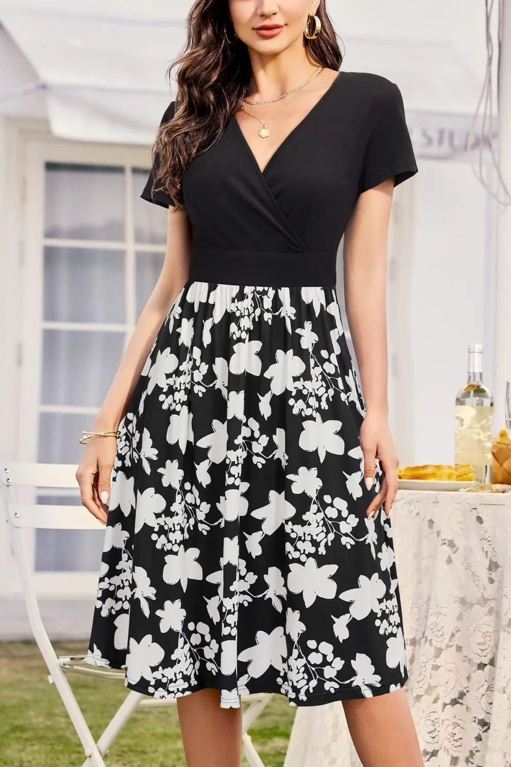VOTEPRETTY Women's Short Sleeve V Neck Wrap Dress Summer Casual Floral Sundress with Pockets