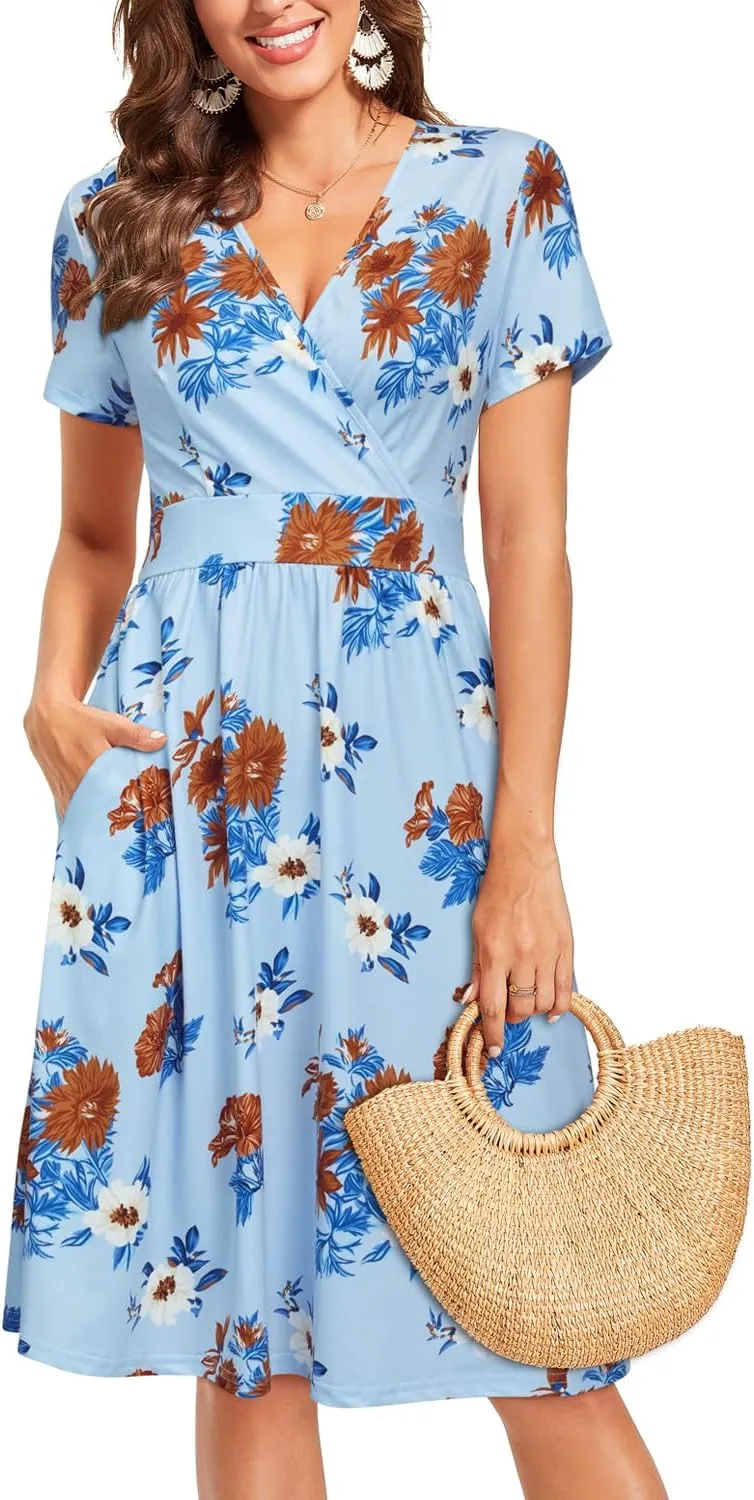 VOTEPRETTY Women's Short Sleeve V Neck Wrap Dress Summer Casual Floral Sundress with Pockets