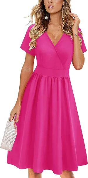 VOTEPRETTY Women's Short Sleeve V Neck Wrap Dress Summer Casual Floral Sundress with Pockets
