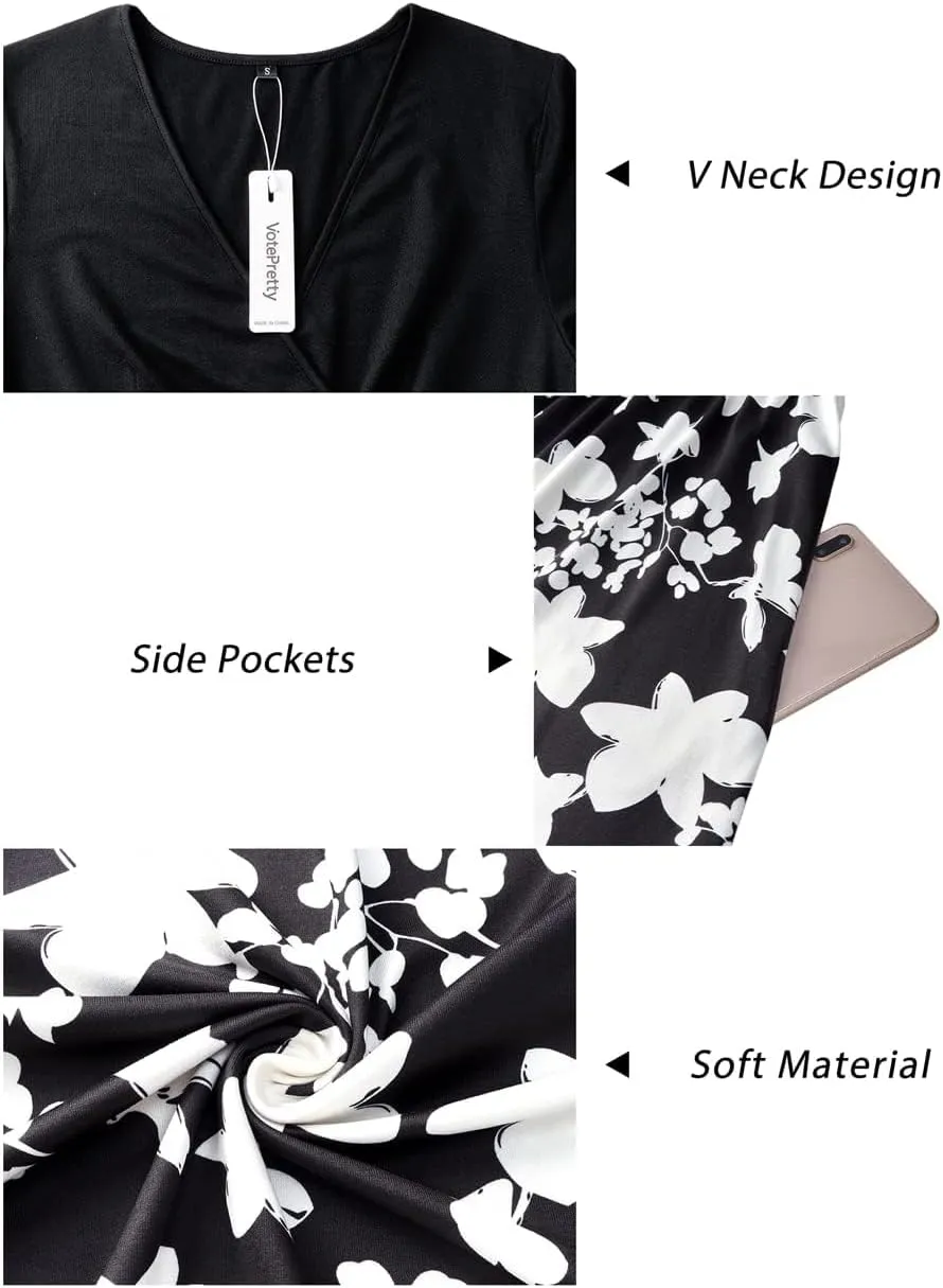 VOTEPRETTY Women's Short Sleeve V Neck Wrap Dress Summer Casual Floral Sundress with Pockets