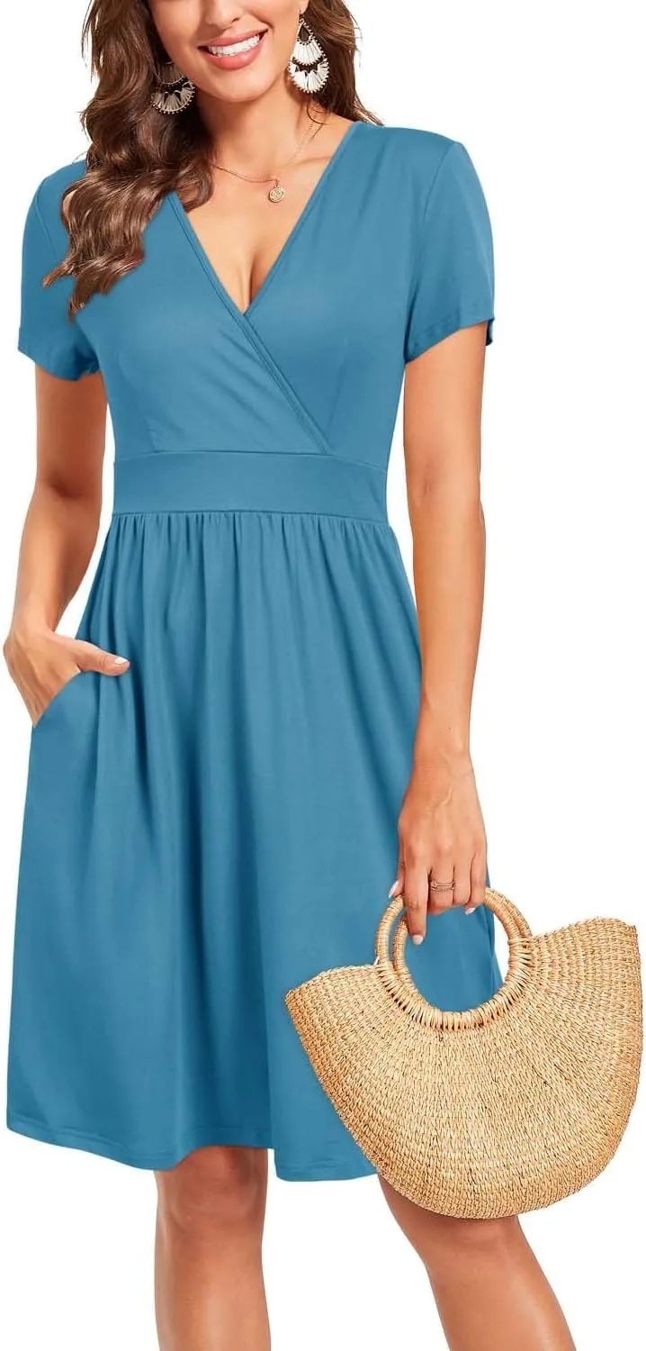 VOTEPRETTY Women's Short Sleeve V Neck Wrap Dress Summer Casual Floral Sundress with Pockets