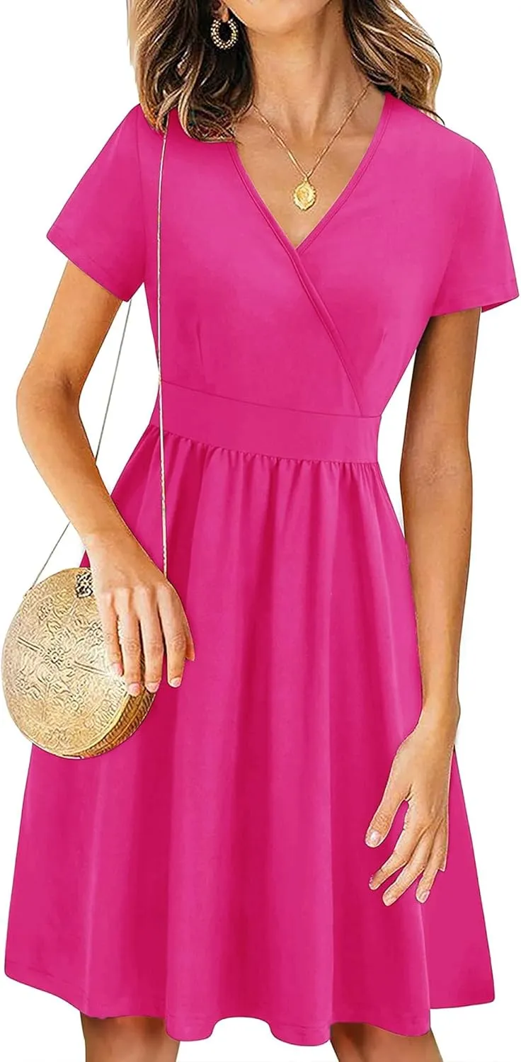 VOTEPRETTY Women's Short Sleeve V Neck Wrap Dress Summer Casual Floral Sundress with Pockets