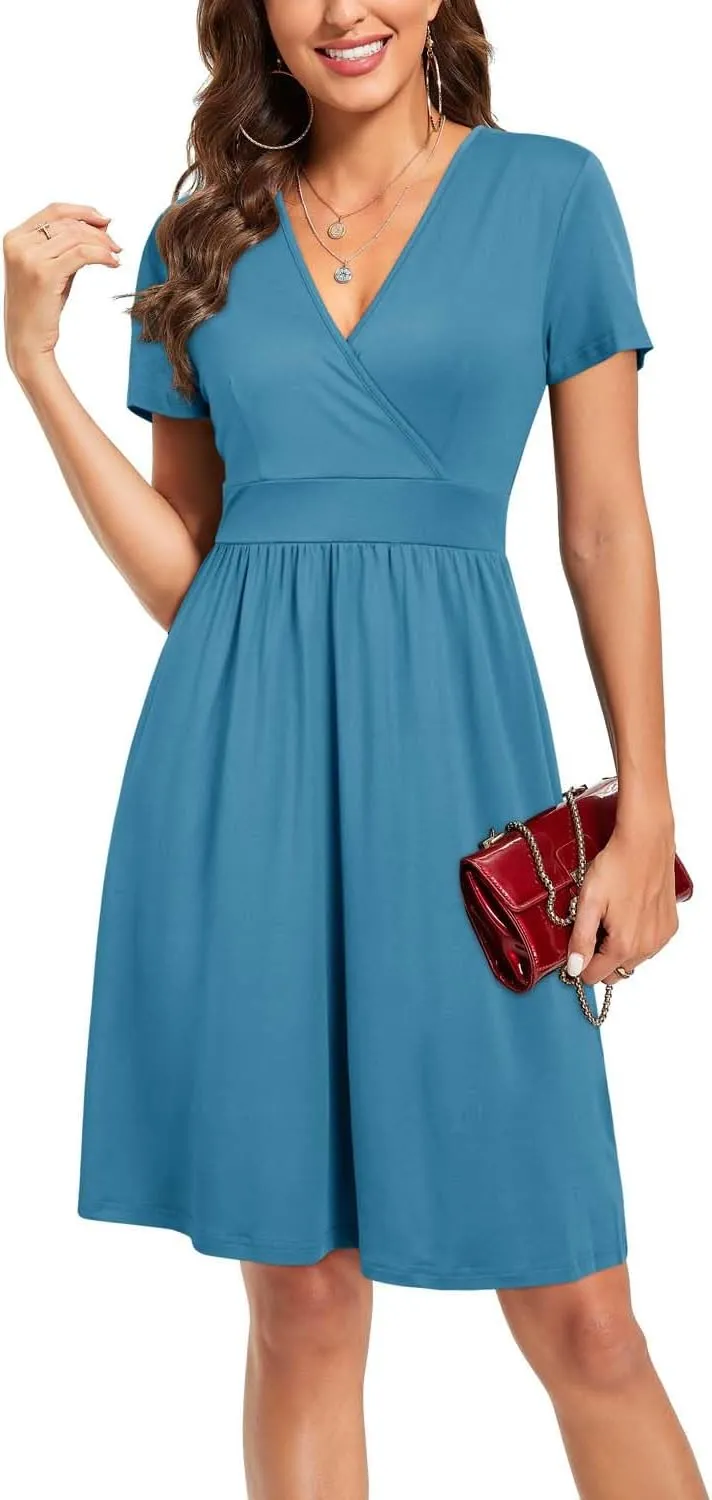 VOTEPRETTY Women's Short Sleeve V Neck Wrap Dress Summer Casual Floral Sundress with Pockets