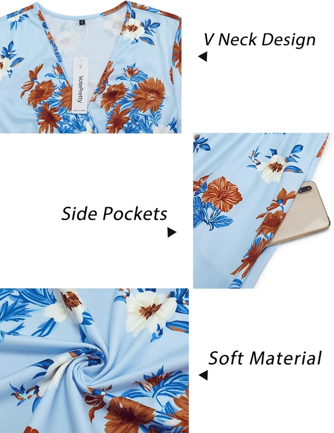 VOTEPRETTY Women's Short Sleeve V Neck Wrap Dress Summer Casual Floral Sundress with Pockets