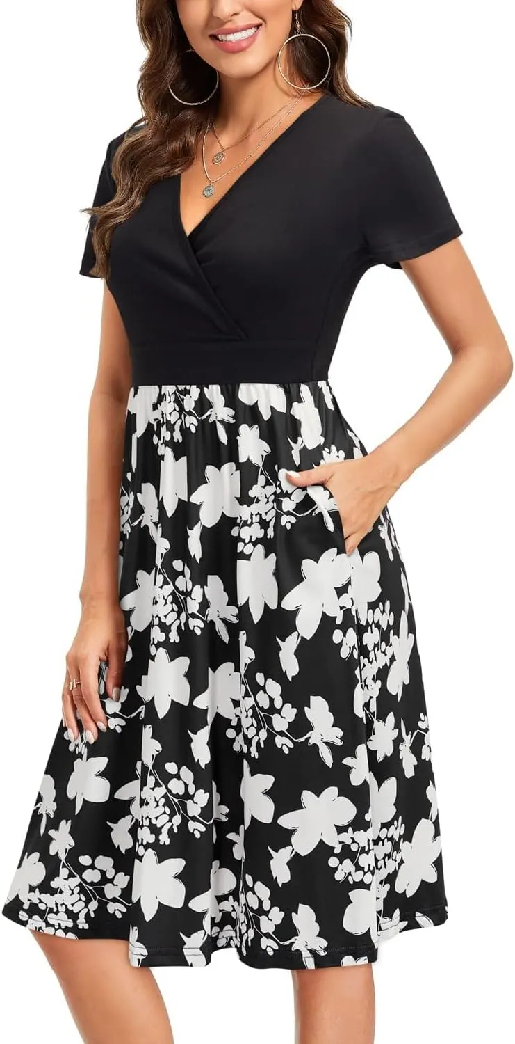 VOTEPRETTY Women's Short Sleeve V Neck Wrap Dress Summer Casual Floral Sundress with Pockets