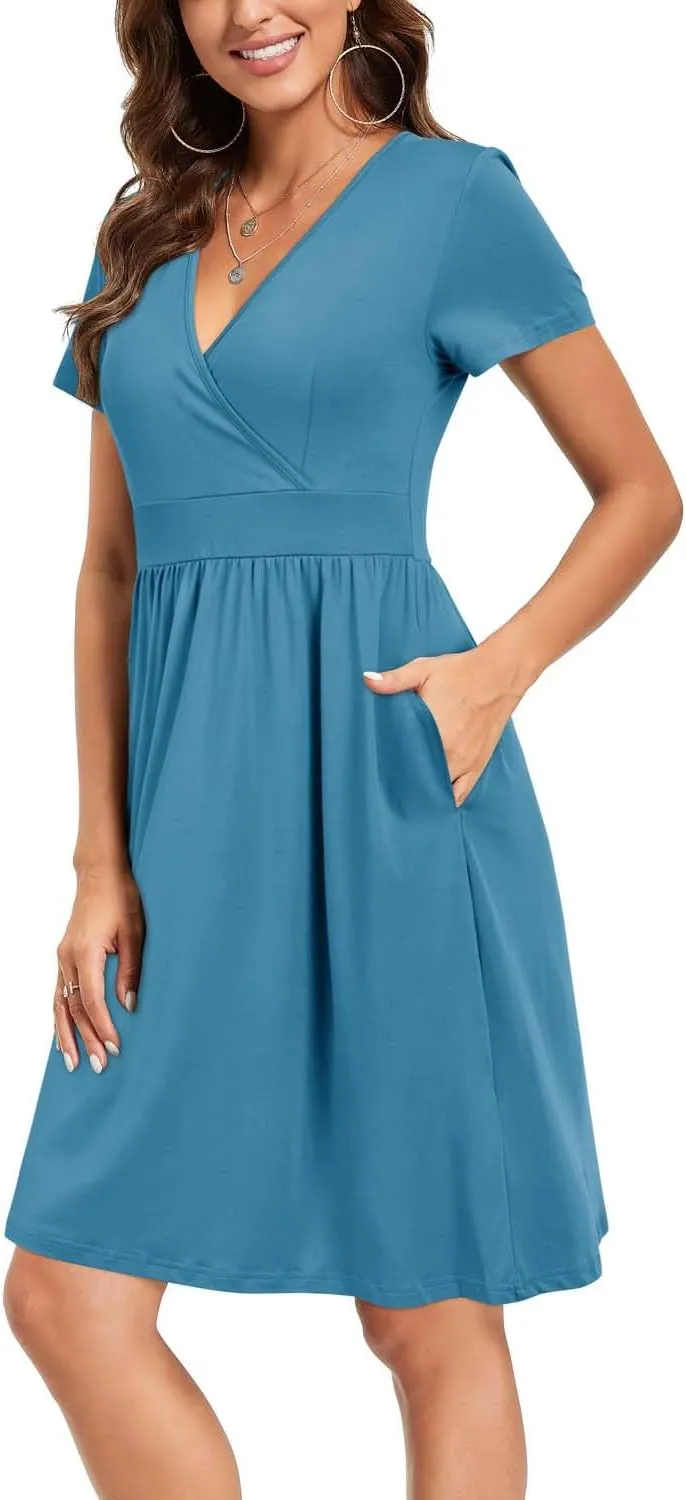 VOTEPRETTY Women's Short Sleeve V Neck Wrap Dress Summer Casual Floral Sundress with Pockets