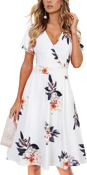 VOTEPRETTY Women's Short Sleeve V Neck Wrap Dress Summer Casual Floral Sundress with Pockets