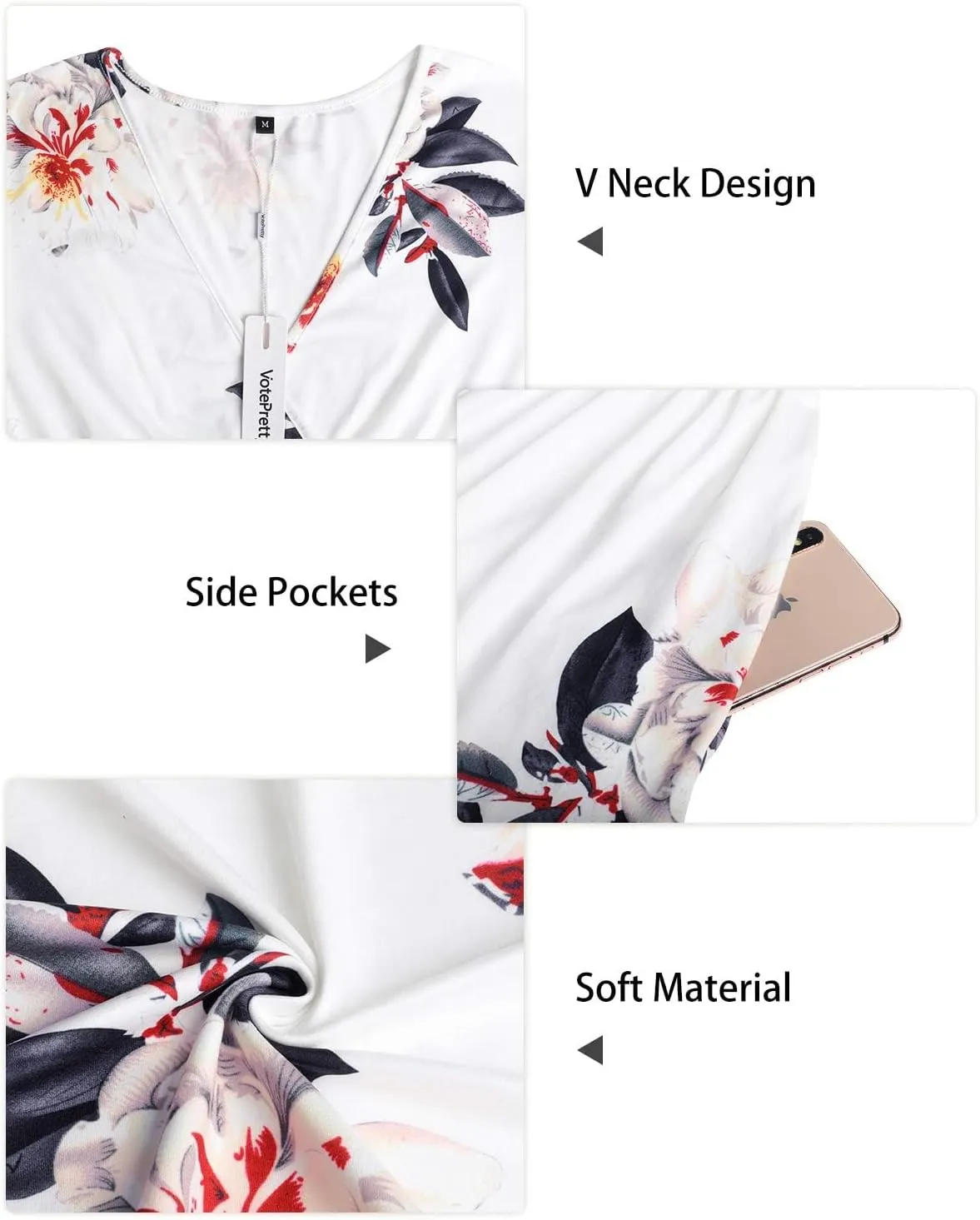 VOTEPRETTY Women's Short Sleeve V Neck Wrap Dress Summer Casual Floral Sundress with Pockets