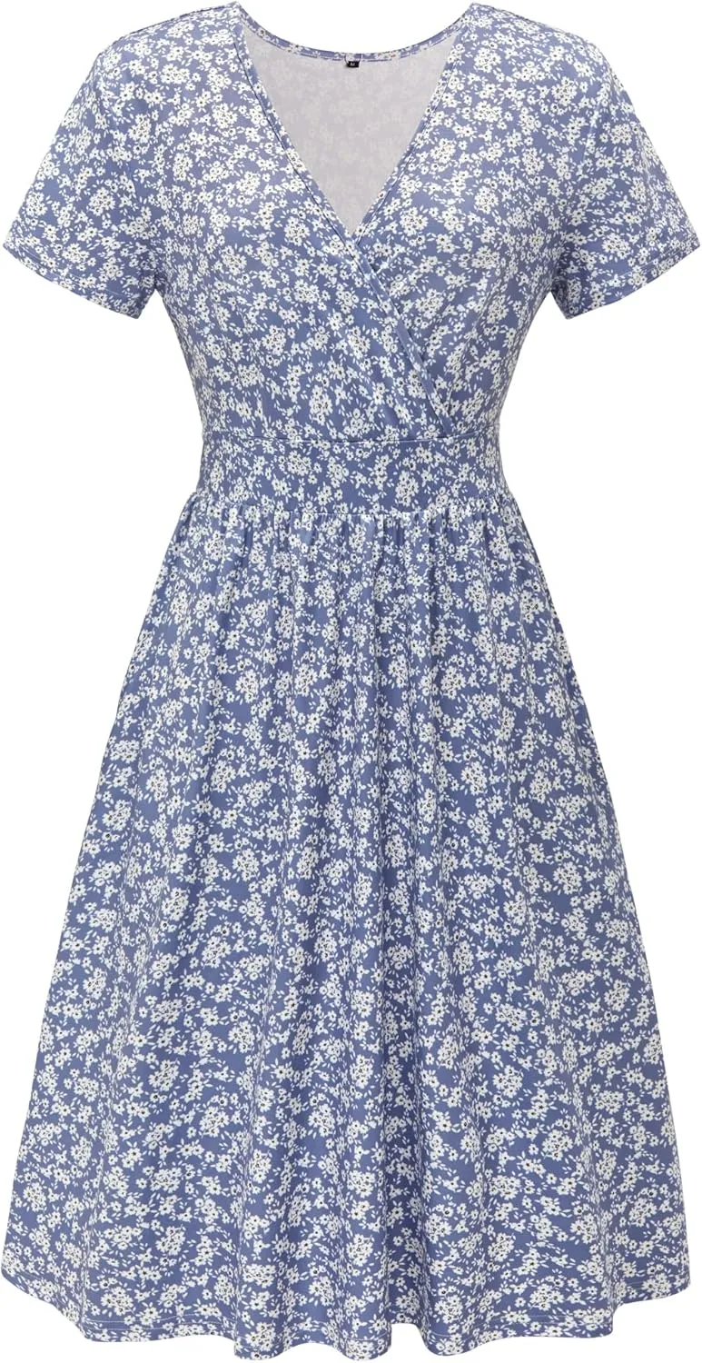 VOTEPRETTY Women's Short Sleeve V Neck Wrap Dress Summer Casual Floral Sundress with Pockets