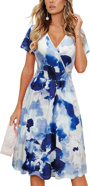 VOTEPRETTY Women's Short Sleeve V Neck Wrap Dress Summer Casual Floral Sundress with Pockets