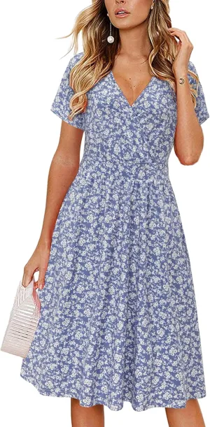 VOTEPRETTY Women's Short Sleeve V Neck Wrap Dress Summer Casual Floral Sundress with Pockets