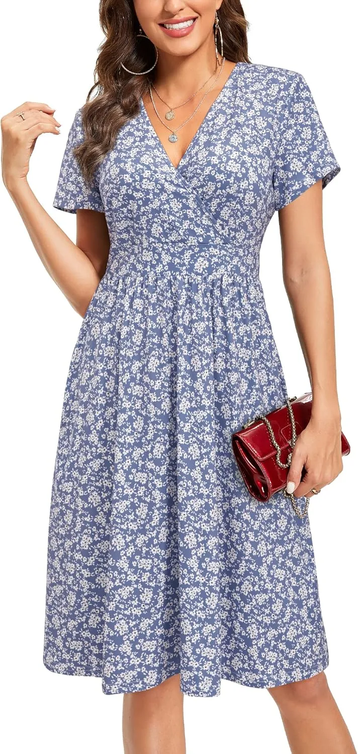VOTEPRETTY Women's Short Sleeve V Neck Wrap Dress Summer Casual Floral Sundress with Pockets