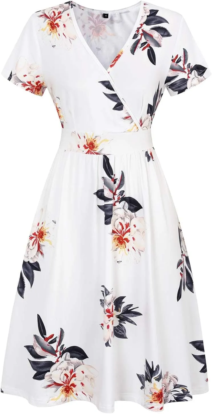 VOTEPRETTY Women's Short Sleeve V Neck Wrap Dress Summer Casual Floral Sundress with Pockets