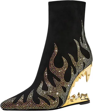 Wanliluxy Shark Teeth Ankle Boots Morso Boots Animal Pattern Boots Rhinestone Ankle Boots