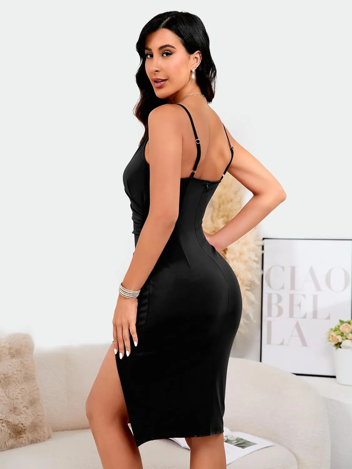 WAYMAKER Women's Sexy V Neck Spaghetti Strap Sleeveless Wrap Ruched Side Slit Bodycon Cocktail Party Wedding Guest Dress