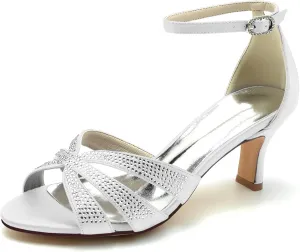 Wedding Bridal Shoes Women Sandals Peep Satin Open Toe Low Heel Ankle Strap Dress Shoes Womens Pumps Party Heels 6.5Cm,White,8