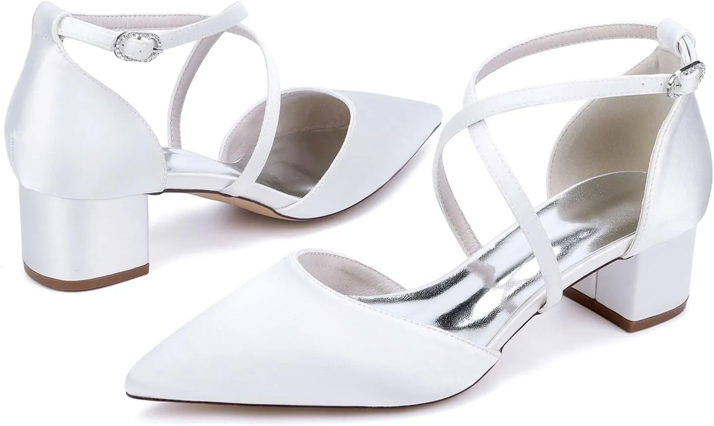 Wedding Bridal Shoes Women's Bridal Block Heel Satin Closed Pointed Toe Chunky Low Heel Pump Sandal Party Dress Shoes 4.5Cm