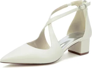 Wedding Bridal Shoes Women's Pointed Toe Low Chunky Heels Bridal Ankle Strap Dress Pump Shoes 4.5Cm