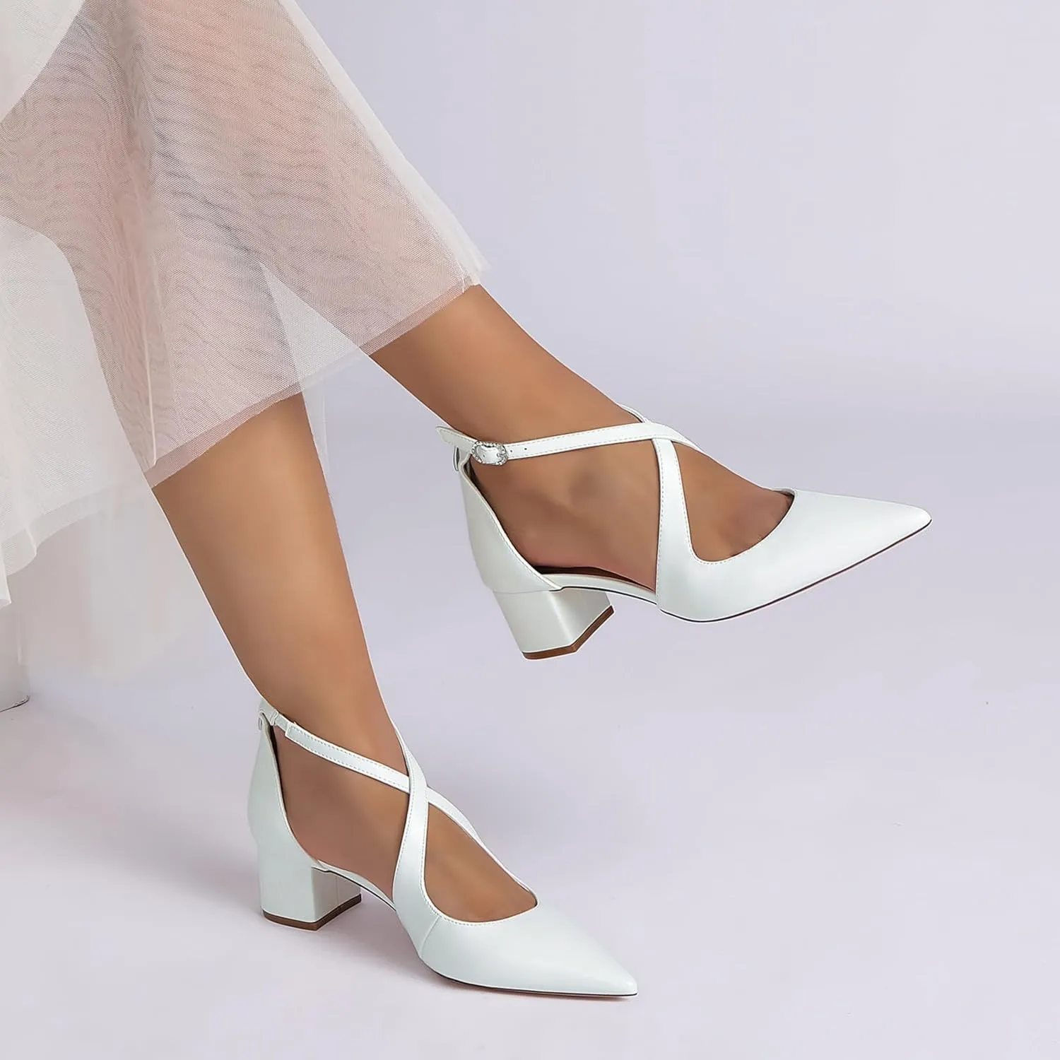 Wedding Bridal Shoes Women's Pointed Toe Low Chunky Heels Bridal Ankle Strap Dress Pump Shoes 4.5Cm