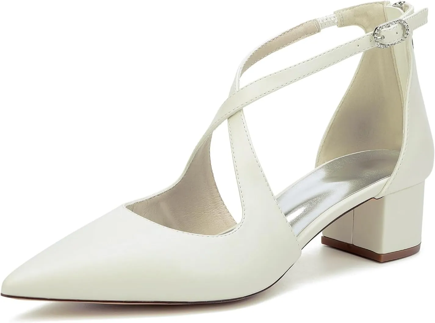 Wedding Bridal Shoes Women's Pointed Toe Low Chunky Heels Bridal Ankle Strap Dress Pump Shoes 4.5Cm