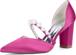 Wedding Shoes Women's Heels,Satin Pumps, Nude Heels for Women,Chunky Heels Bridal Women,Pointed Toe Dress Office Wedding Shoes 8.5Cm