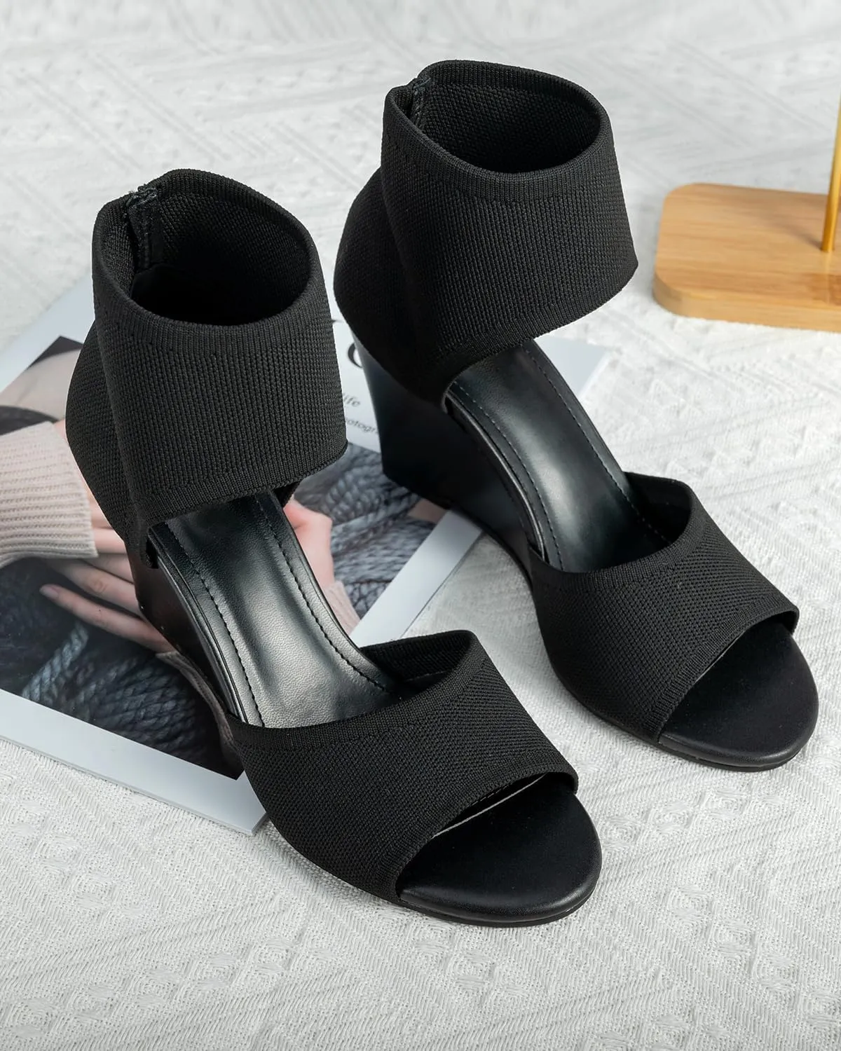Wedge Sandals for Women Elastic Knit Peep Toe Heels Sandals Comfortable Slip On Wedges Heels Open Toe Summer Ankle Booties Sandals for Women Dressy