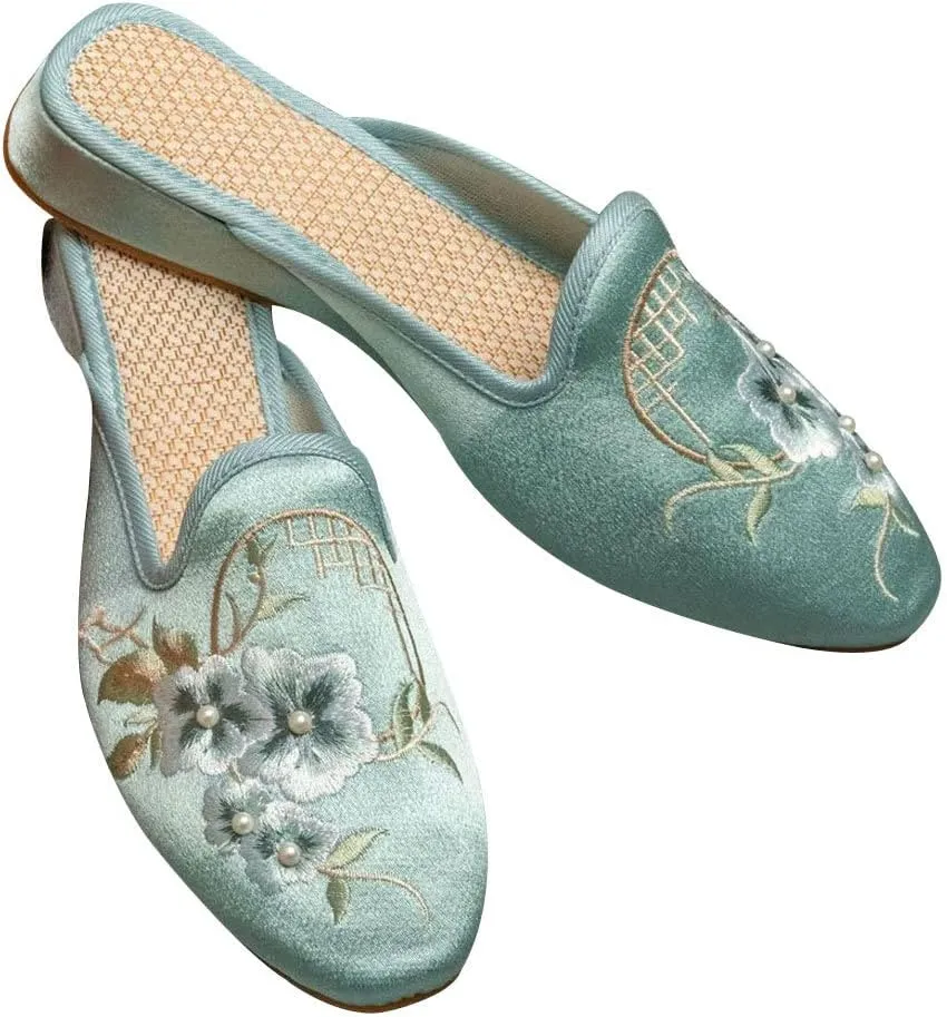 WENJIAZHIZHI Embroidered Slides Backless Loafers Pearls Mules Clogs Flats Sandals for Womens Dressy Summer Shoes Slip On