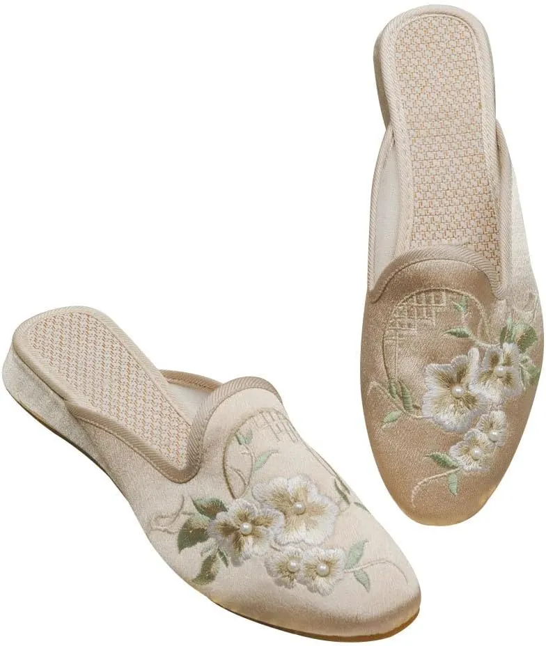 WENJIAZHIZHI Embroidered Slides Backless Loafers Pearls Mules Clogs Flats Sandals for Womens Dressy Summer Shoes Slip On