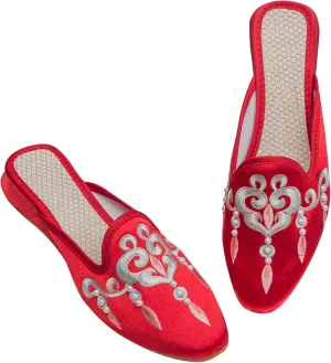 WENJIAZHIZHI Embroidered Slides Backless Loafers Pearls Mules Clogs Flats Sandals for Womens Dressy Summer Shoes Slip On
