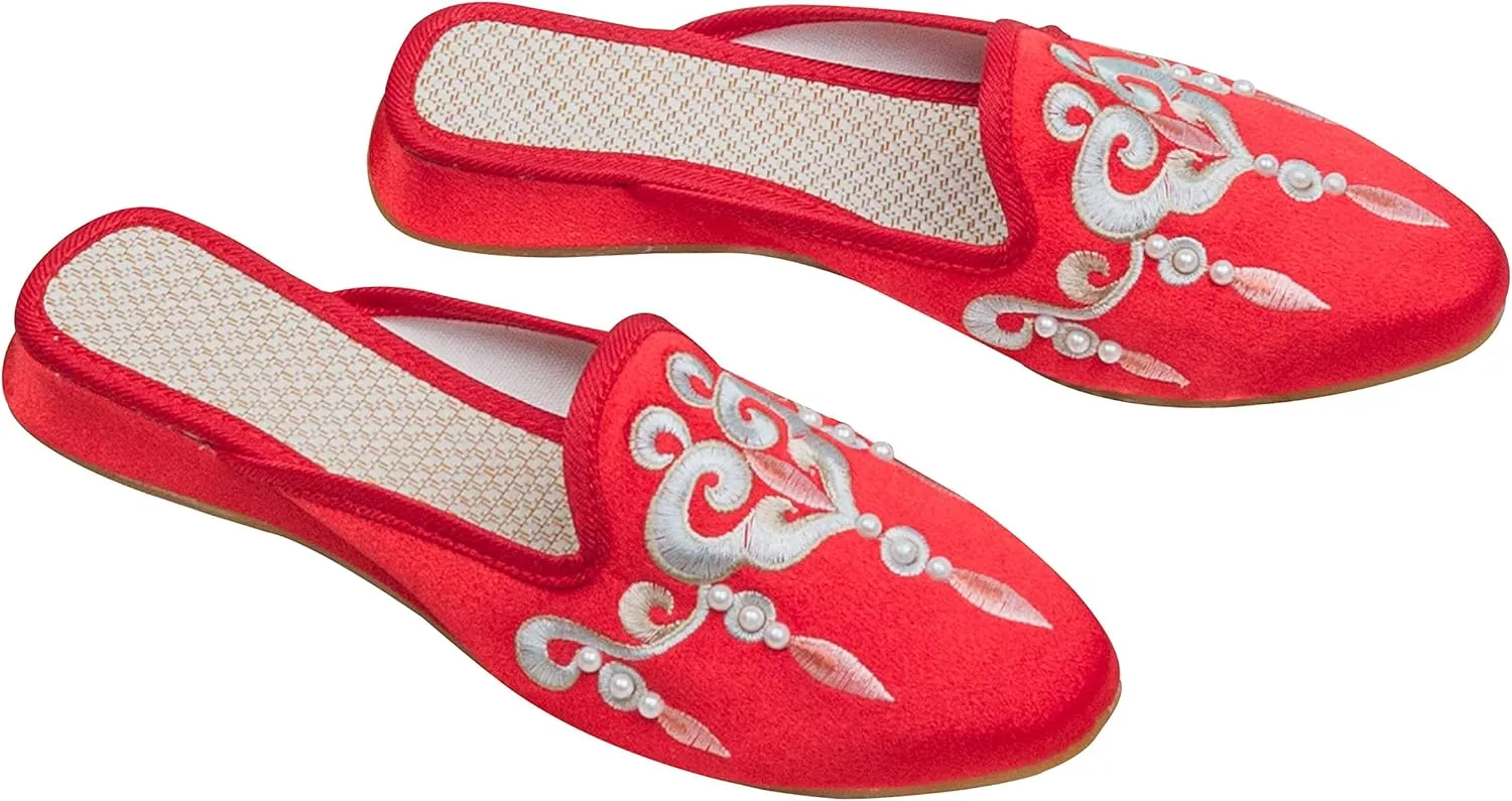 WENJIAZHIZHI Embroidered Slides Backless Loafers Pearls Mules Clogs Flats Sandals for Womens Dressy Summer Shoes Slip On