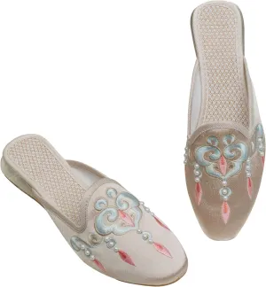 WENJIAZHIZHI Embroidered Slides Backless Loafers Pearls Mules Clogs Flats Sandals for Womens Dressy Summer Shoes Slip On
