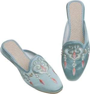 WENJIAZHIZHI Embroidered Slides Backless Loafers Pearls Mules Clogs Flats Sandals for Womens Dressy Summer Shoes Slip On