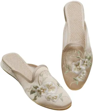 WENJIAZHIZHI Embroidered Slides Backless Loafers Pearls Mules Clogs Flats Sandals for Womens Dressy Summer Shoes Slip On