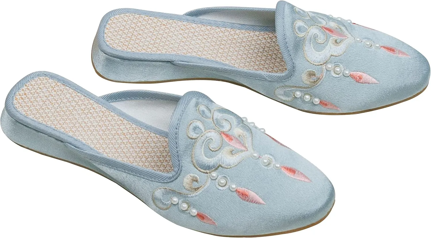 WENJIAZHIZHI Embroidered Slides Backless Loafers Pearls Mules Clogs Flats Sandals for Womens Dressy Summer Shoes Slip On