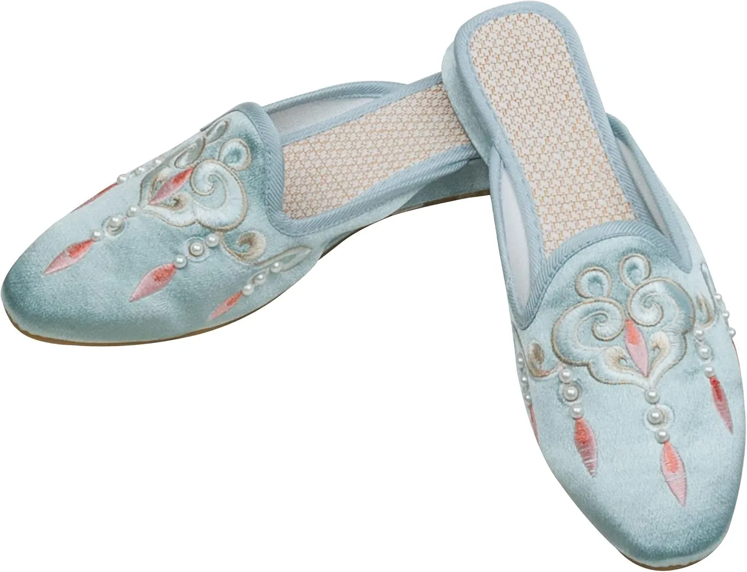WENJIAZHIZHI Embroidered Slides Backless Loafers Pearls Mules Clogs Flats Sandals for Womens Dressy Summer Shoes Slip On