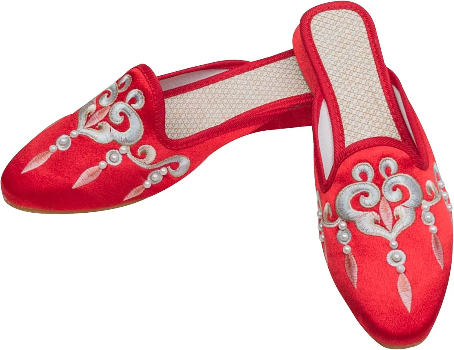 WENJIAZHIZHI Embroidered Slides Backless Loafers Pearls Mules Clogs Flats Sandals for Womens Dressy Summer Shoes Slip On