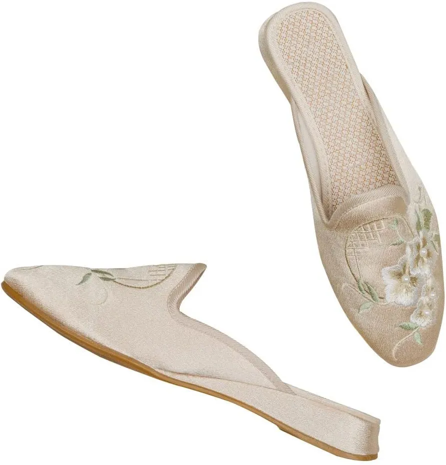 WENJIAZHIZHI Embroidered Slides Backless Loafers Pearls Mules Clogs Flats Sandals for Womens Dressy Summer Shoes Slip On