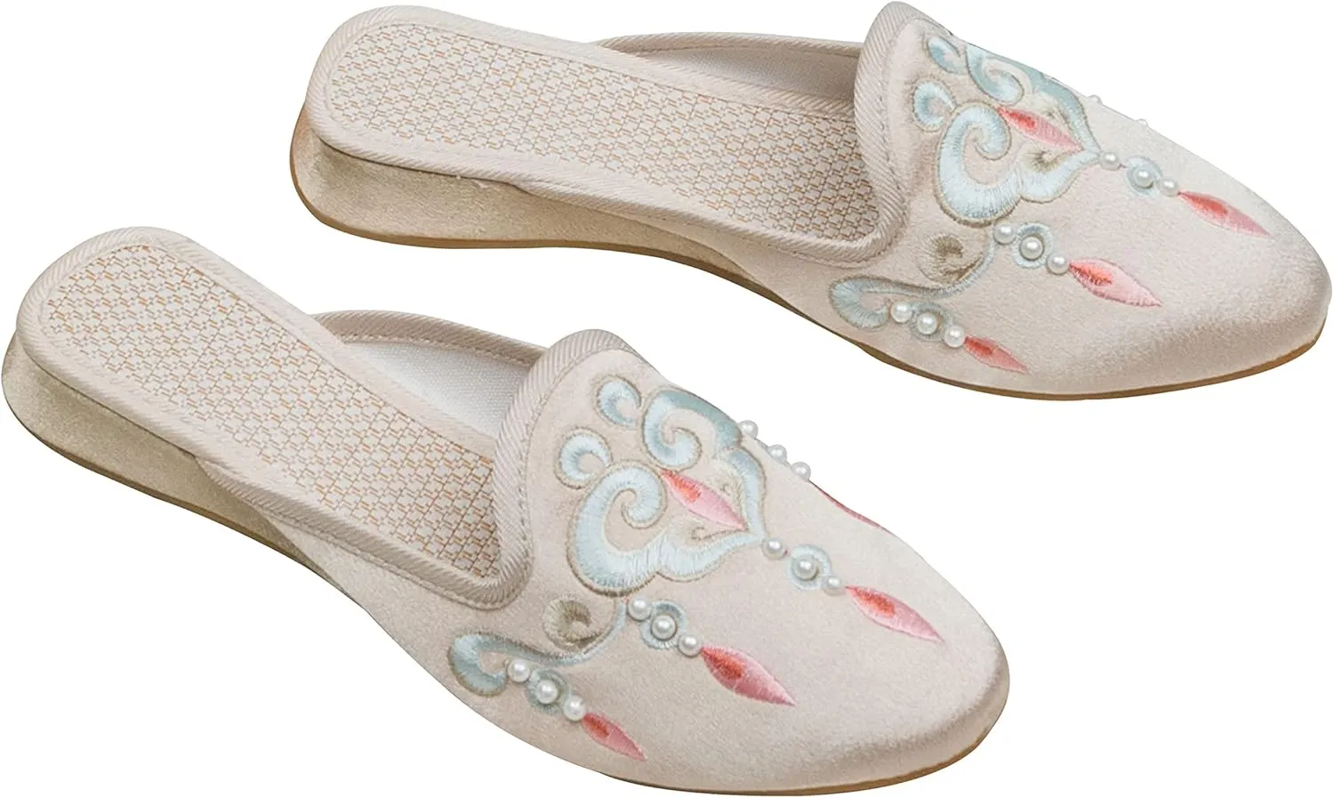 WENJIAZHIZHI Embroidered Slides Backless Loafers Pearls Mules Clogs Flats Sandals for Womens Dressy Summer Shoes Slip On