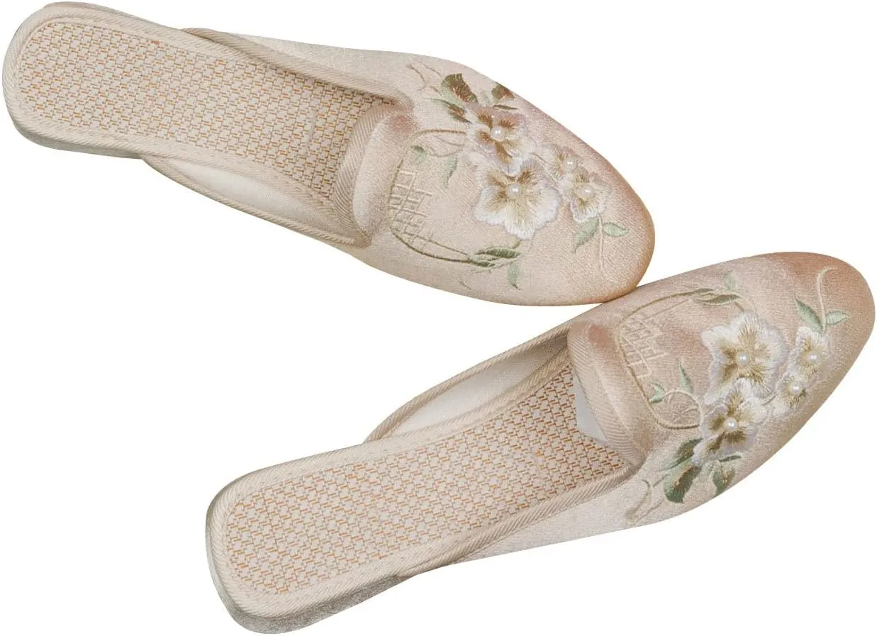 WENJIAZHIZHI Embroidered Slides Backless Loafers Pearls Mules Clogs Flats Sandals for Womens Dressy Summer Shoes Slip On